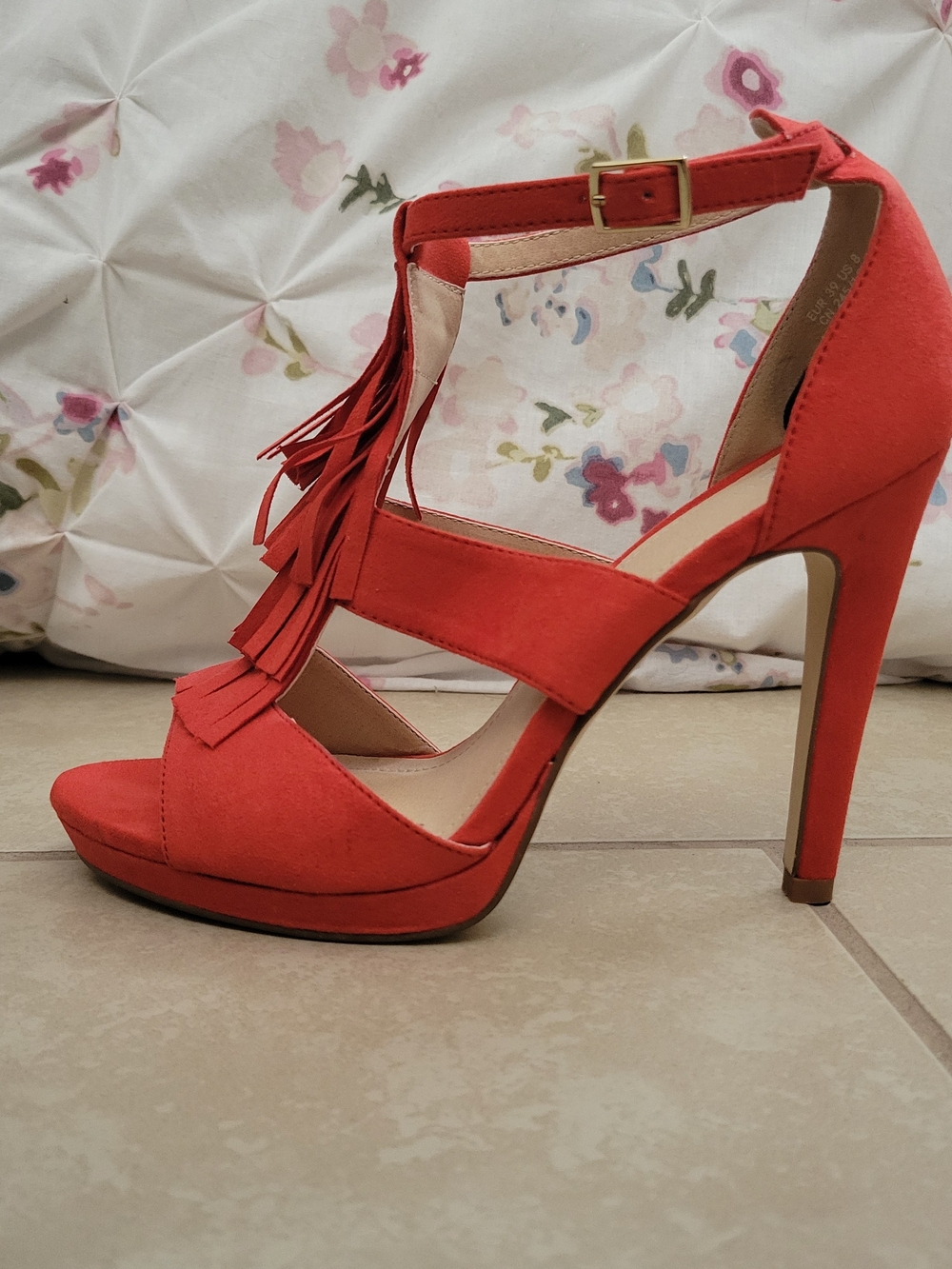 H&M NWOT Faux Suede Red Fringe Ankle-Strap High Heel Sandals